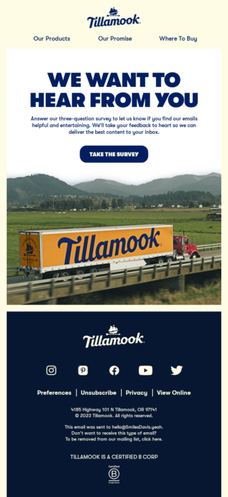 Customer feedback reactivation email by Tillamook