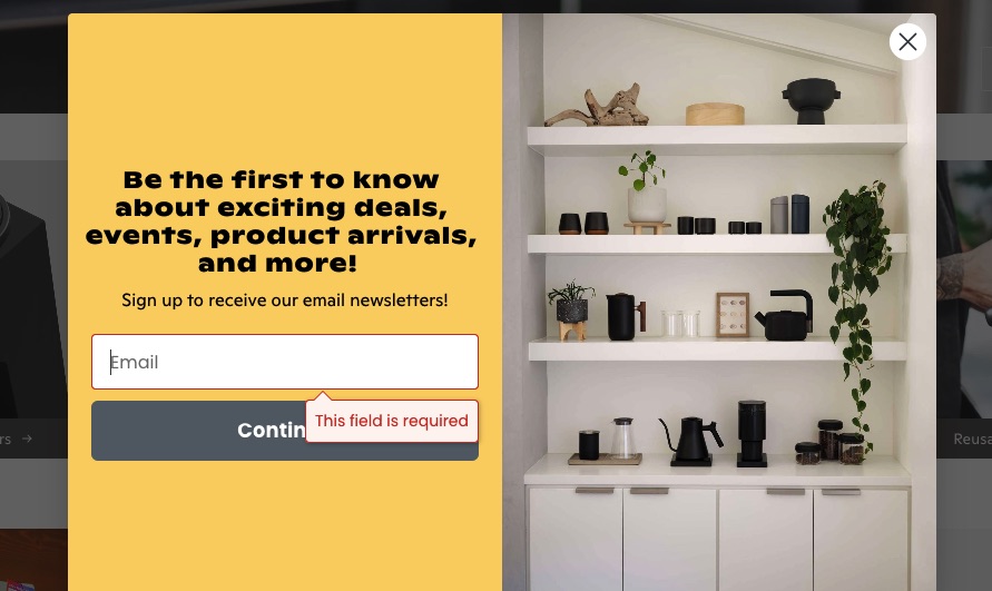 Email opt-in website popup example by Eight Ounce Coffee