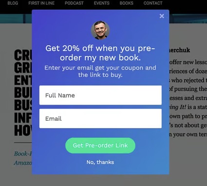 Pre-order signup website popup example by Gary Vaynerchuck