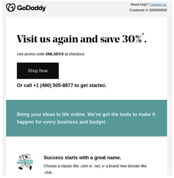 Reactivation email with a discount by GoDaddy