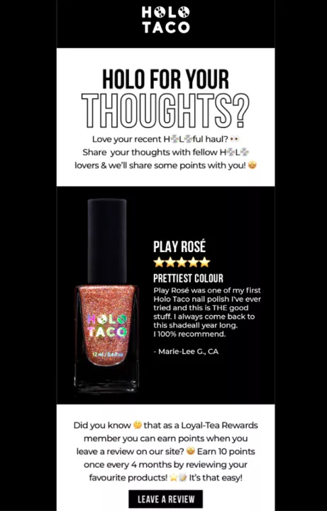 Email asking for a product review from Holo Taco