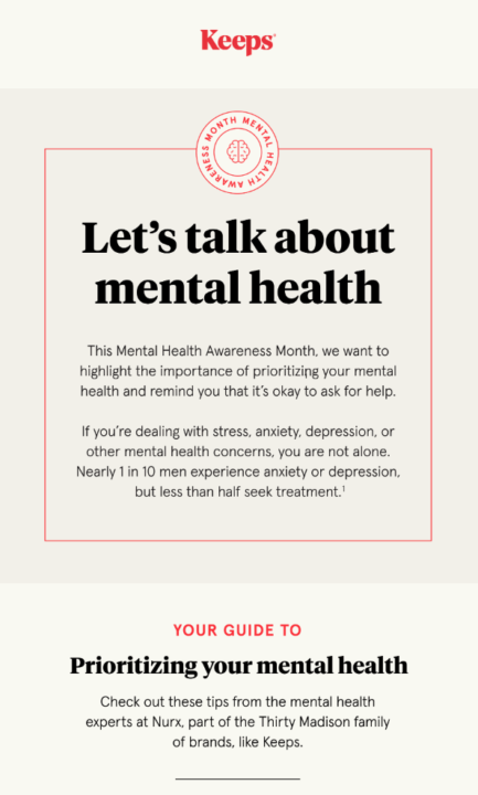 Idea del boletín informativo del Mes de concientización sobre la salud mental de Keeps