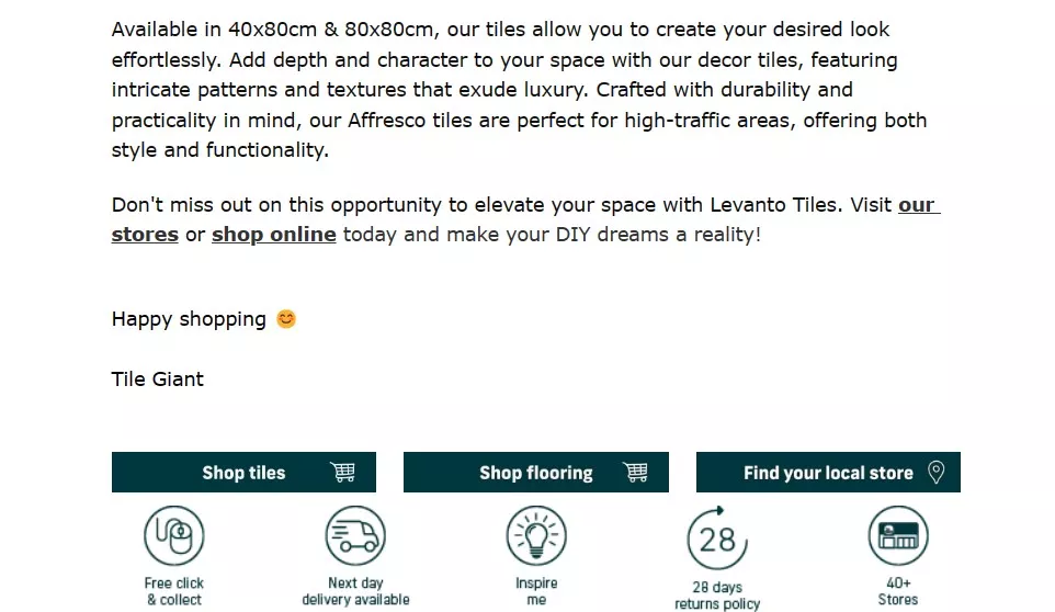 Happy shopping email sign off by Tile Giant