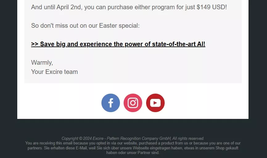 Warmly email sign off by Excire