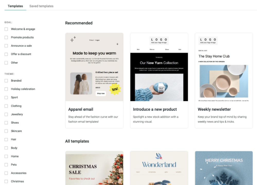 Picking an email template on Omnisend