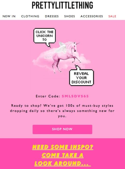PrettyLittleThing Unicorn Day newsletter idea