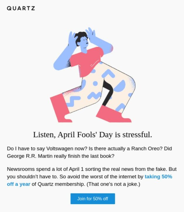 Quartz April Fool's Day newsletter idea