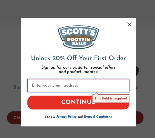 Lead magnet website popup example by Scott's Protein Balls