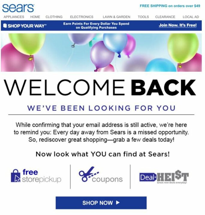 Welcome back reactivation email by Sears