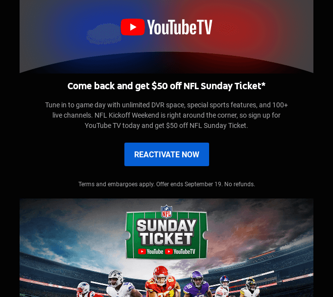 Special offer reactivation email by YoutubeTV