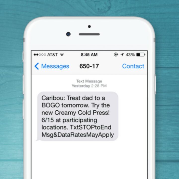 Text abbreviations in SMS announcing a sale by Caribou Coffee Company