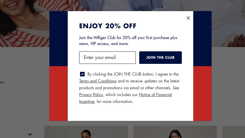 Lead magnet website popup example by Tommy Hilfiger