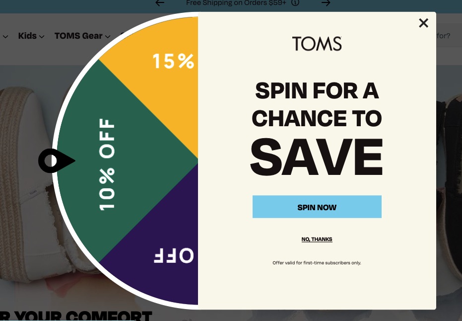 Gamified website popup example by Toms