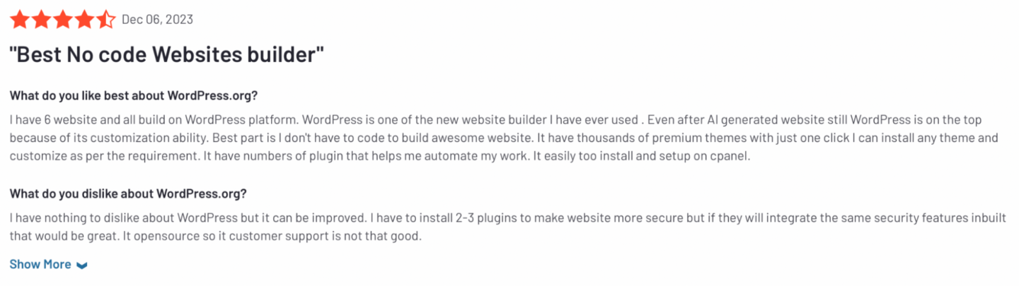 WordPress review from G2