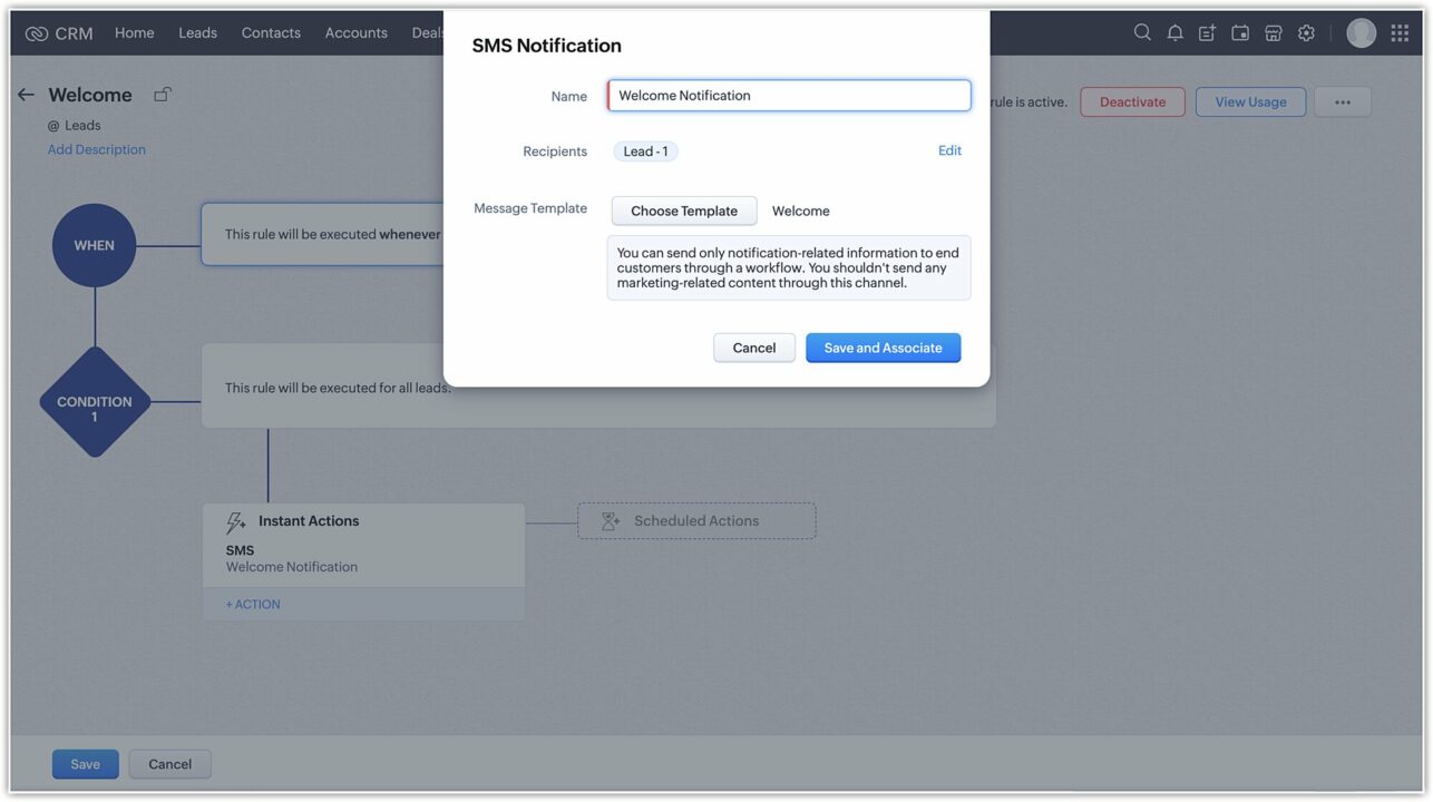 Sending automated text messages with Zoho