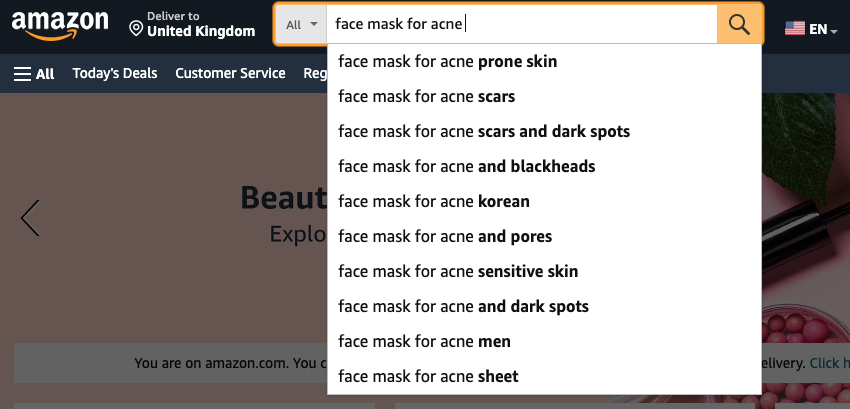 Amazon search for 'face mask for acne'