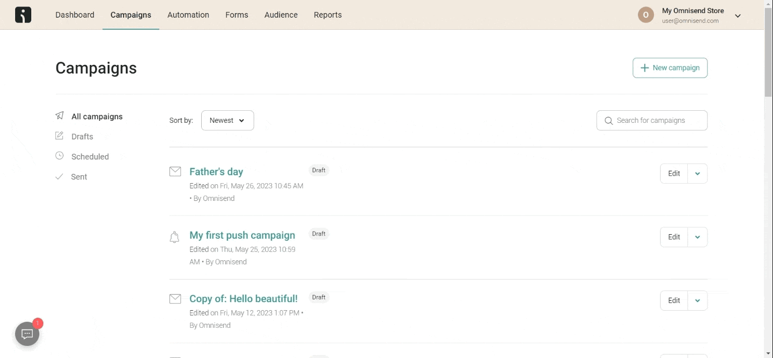 Creating a new email campaign on Omnisend