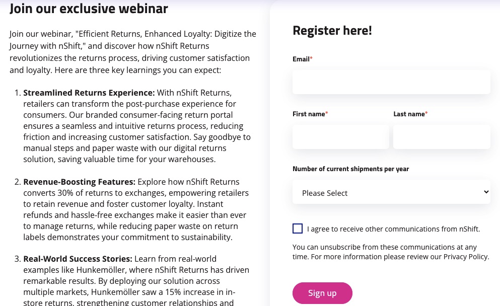 Registration website popup example by nShift
