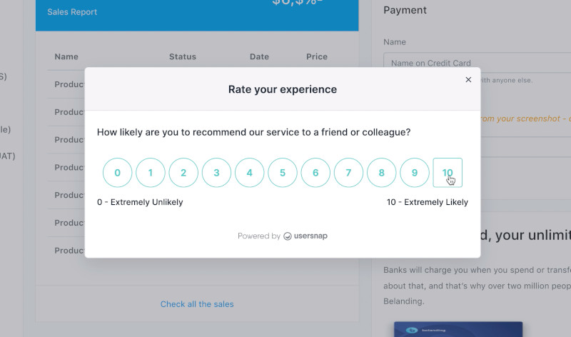 Asking for reviews on a website - popup after a purchase from Usersnsap