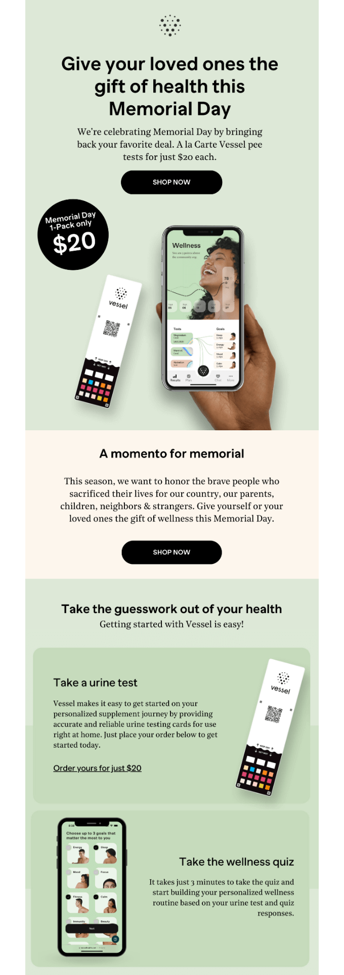 Memorial Day subject line and email example: Vessel