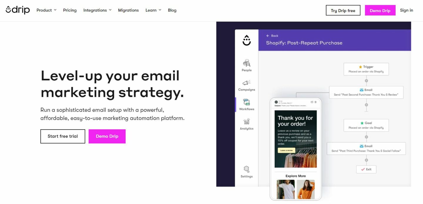 Drip - best email marketing software for extensive automations