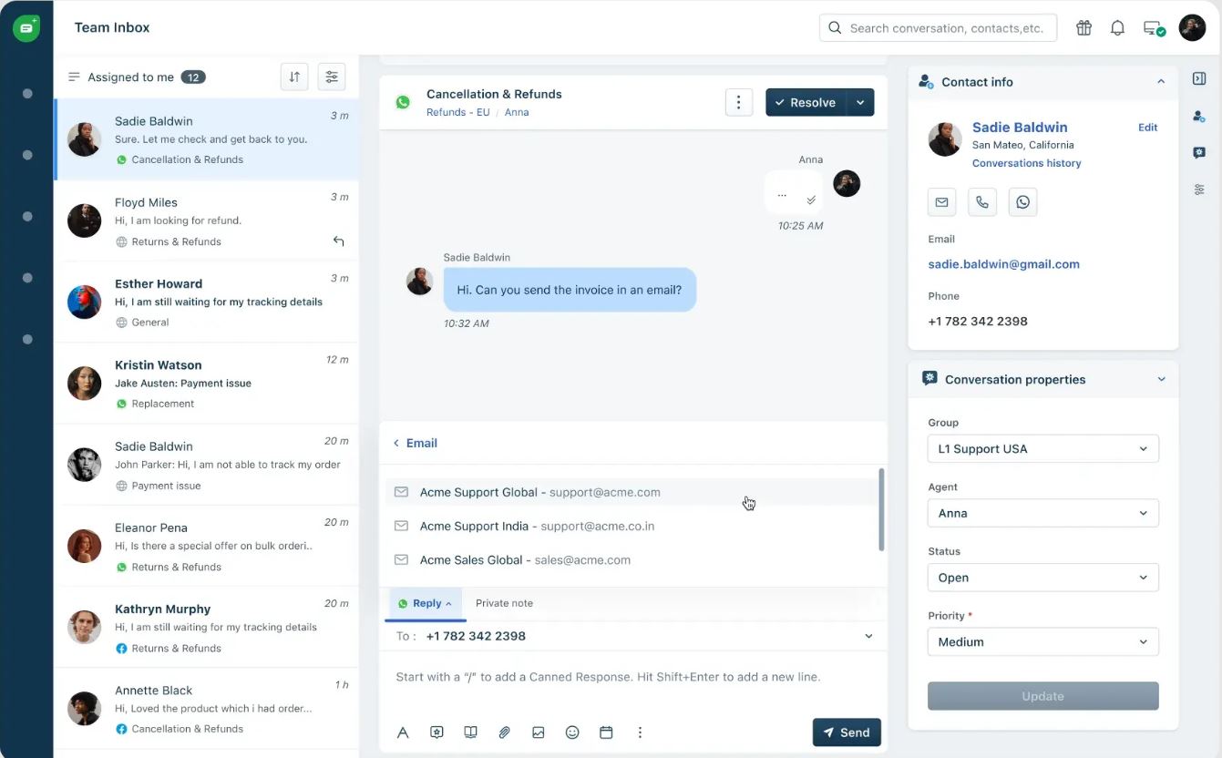 Ecommerce CRM: A customer support dashboard shows a conversation about cancellation and refunds. The interface displays team members on the left, the message thread in the center, and detailed customer info on the right.