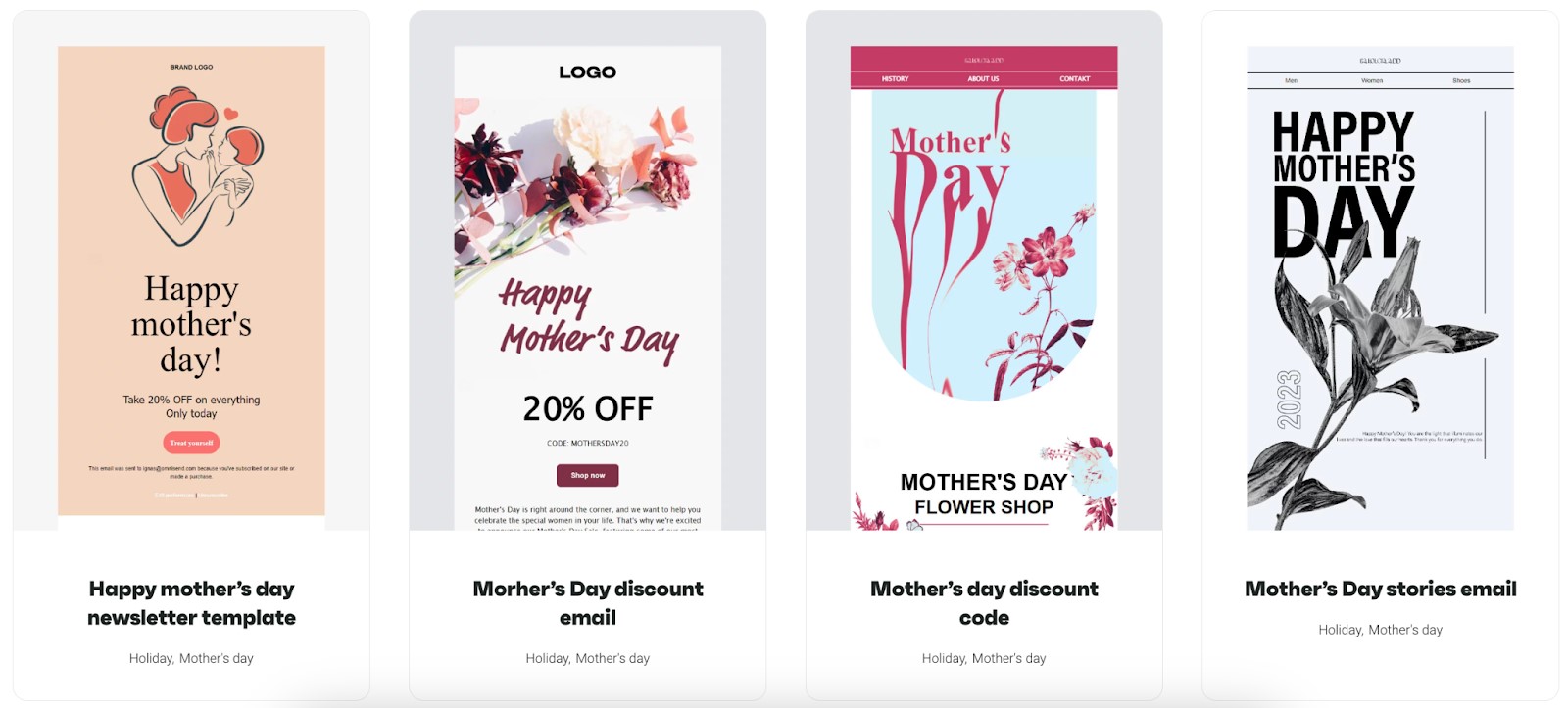 Mother's day popups: Four Mothers Day-themed digital templates: a newsletter with a heart illustration, a floral 20% off discount email, a pastel flower shop discount code design, and a black-and-white floral story with bold Happy Mothers Day text.