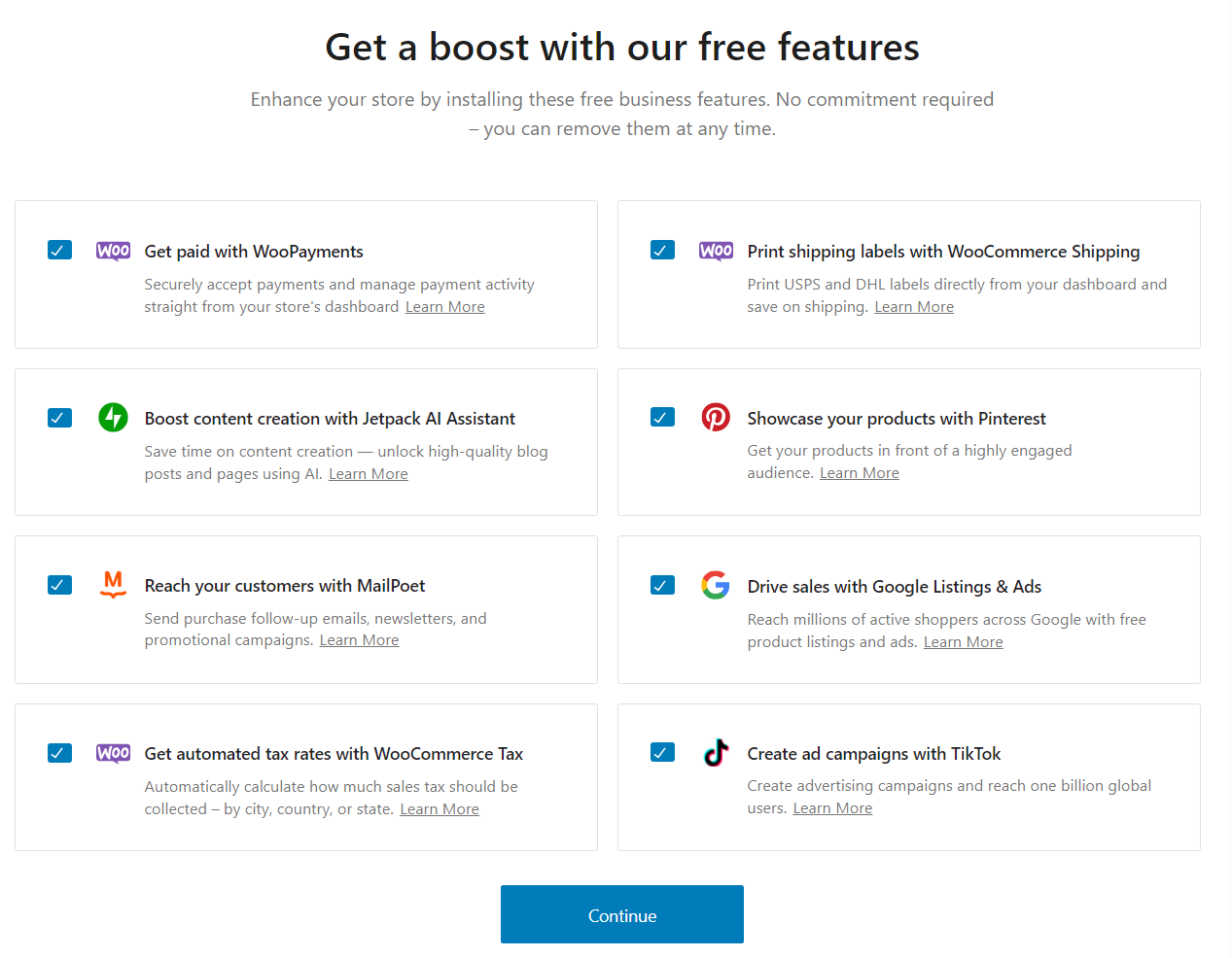 WooCommerce set up: free features