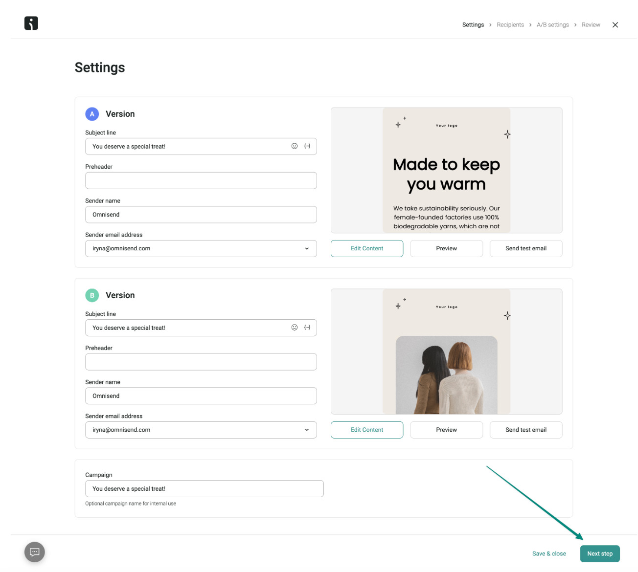 10 tips for effective email copywriting: A/B testing in Omnisend
