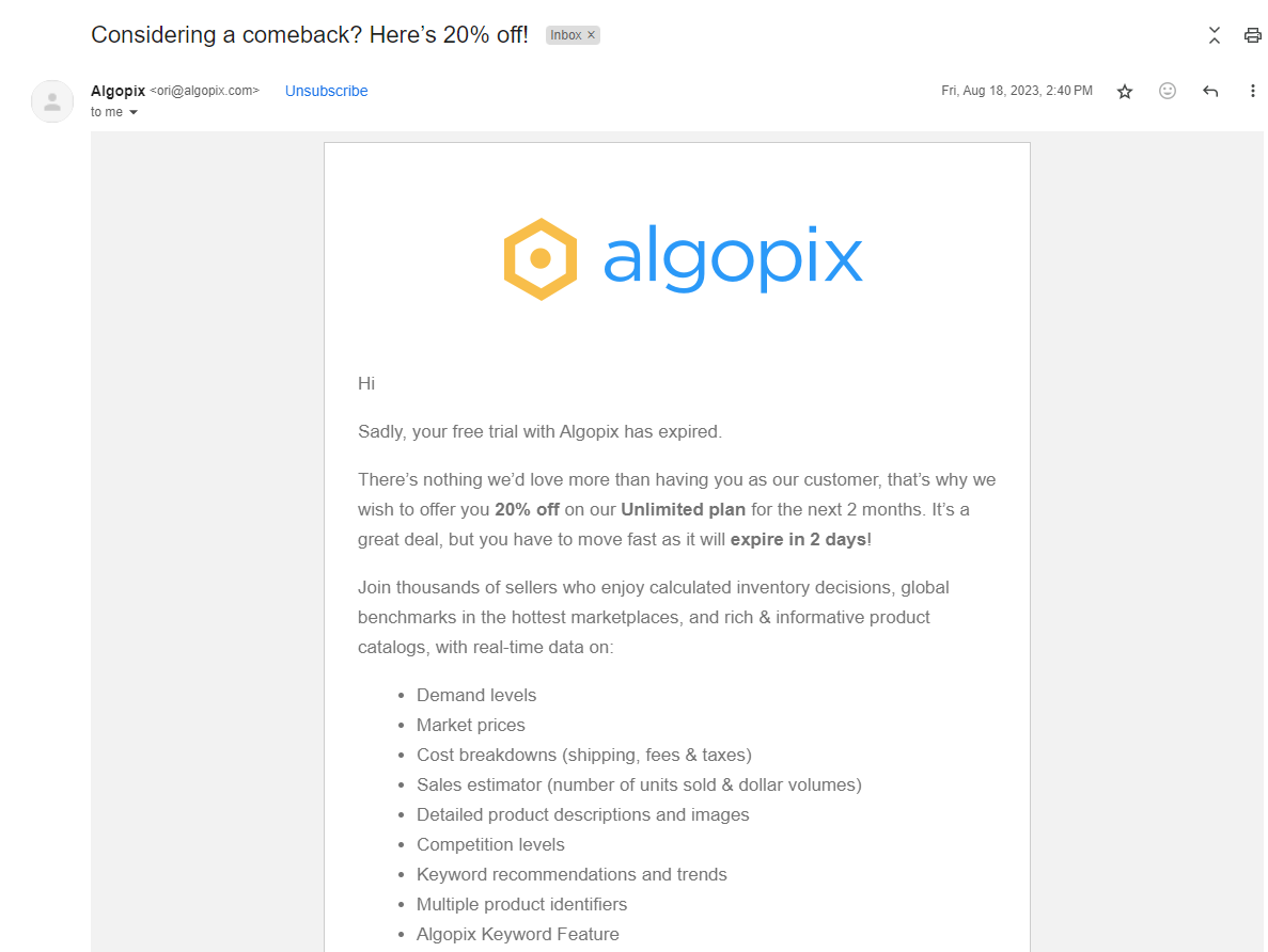Drip marketing: Acquisition stage email from Algopix