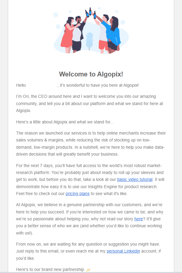 Drip marketing: Awareness stage email from Algopix