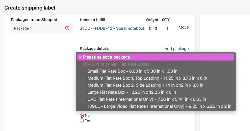 Generating shipping labels with WooCommerce Shipping plugin: selecting a package