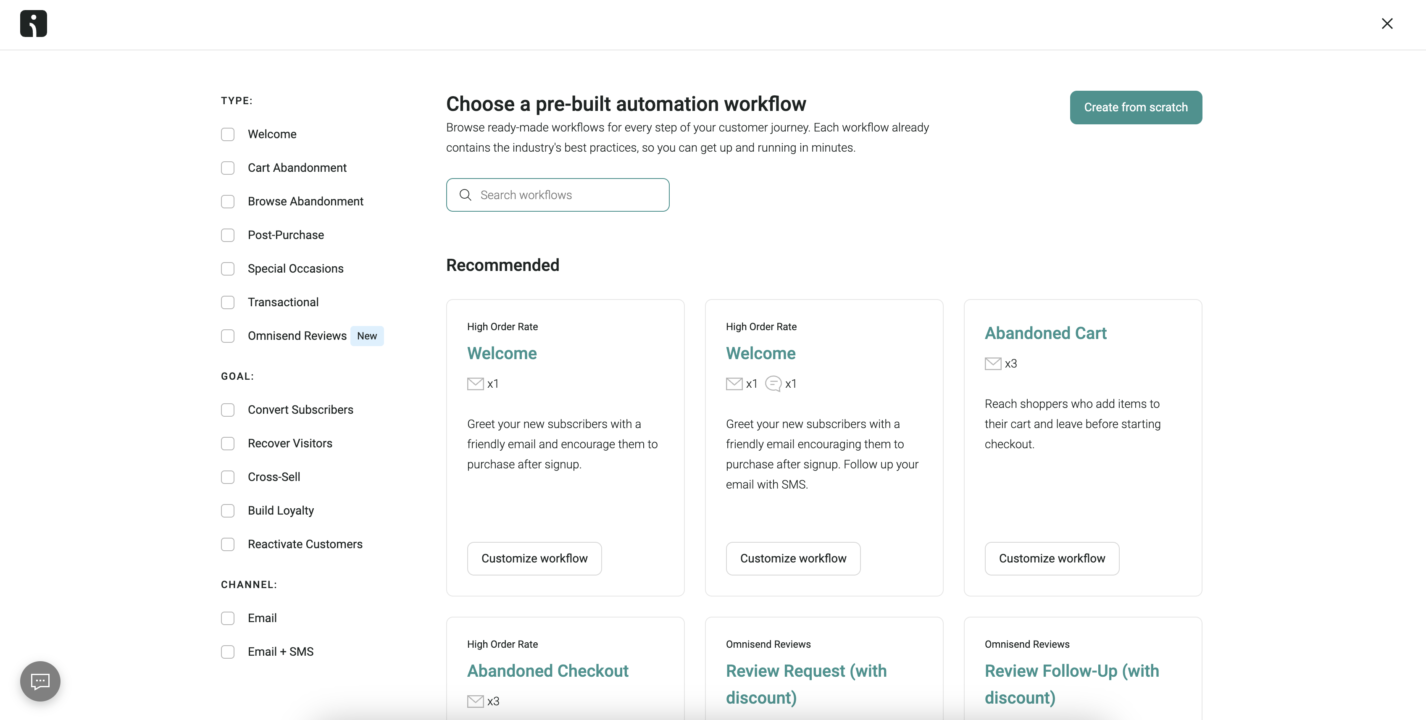 Omnisend’s automation library