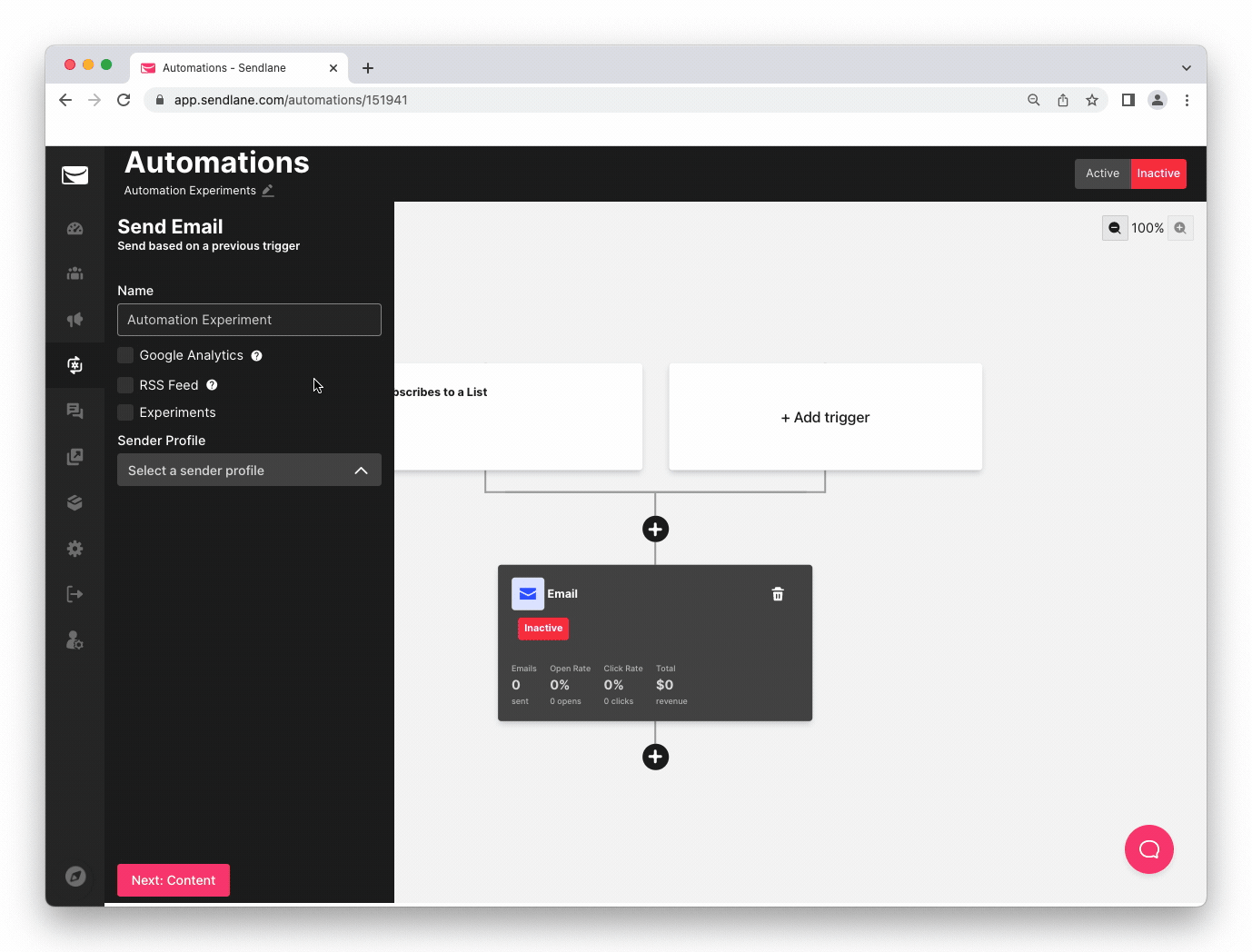 Sendlane's automation wizard