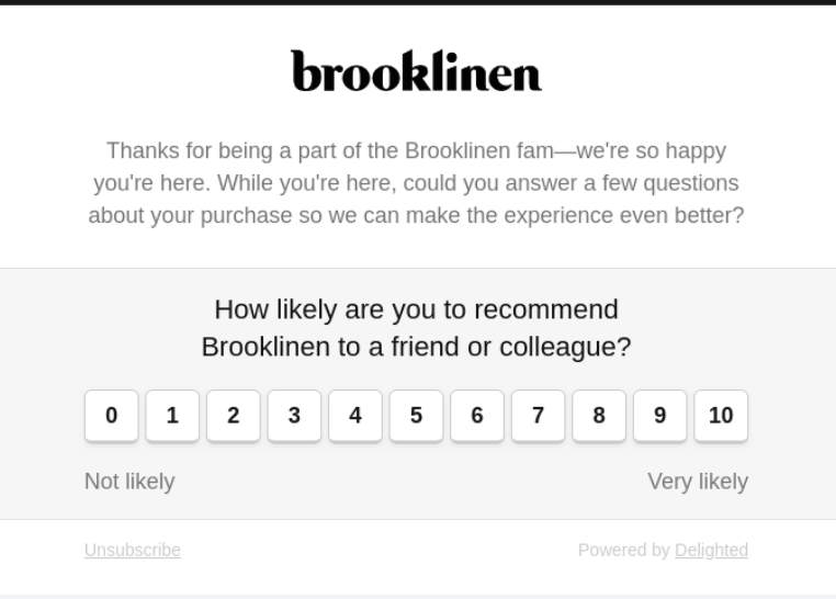 Survey email example from Brooklinen