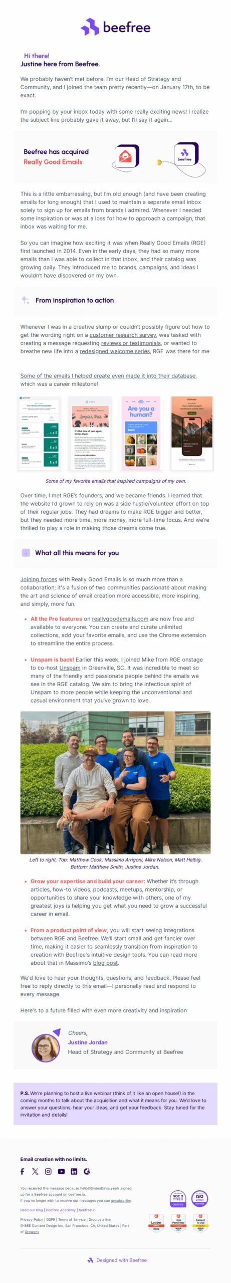 Funny cold email example from Beefree