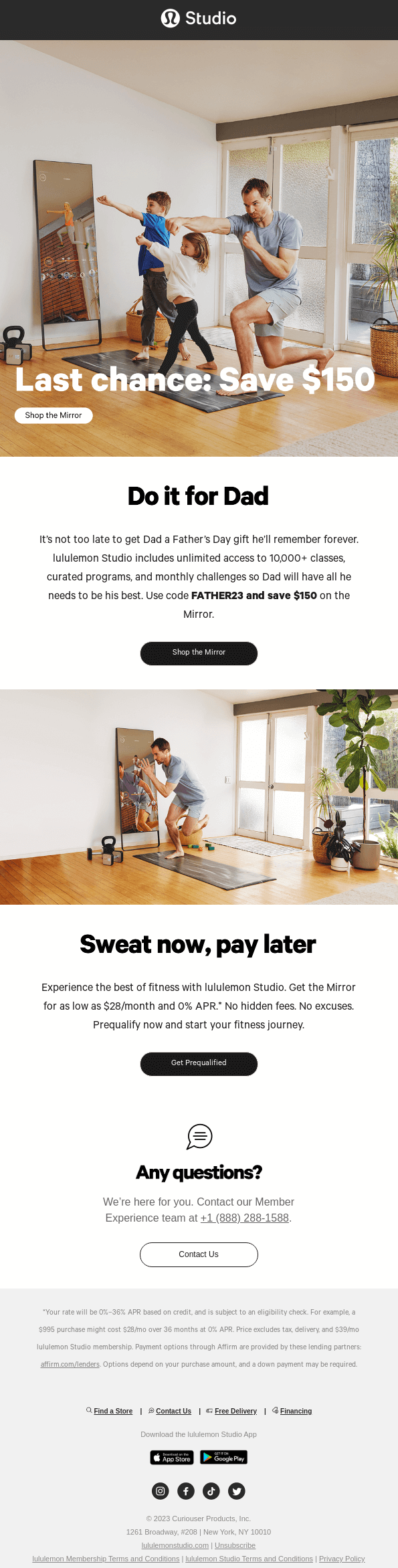 Father's day email example: Lululemon Studio