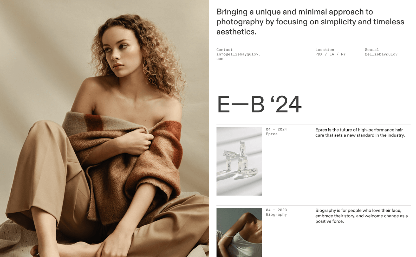 Best photographer portfolio website examples: Ellie Baygulov