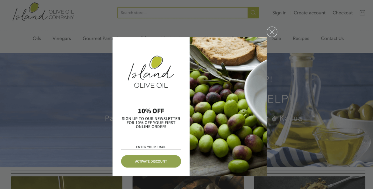 Email capture best practices: example from Island Olive Oil