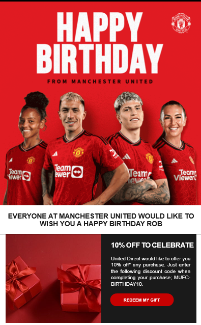 birthday email example from Manchester United