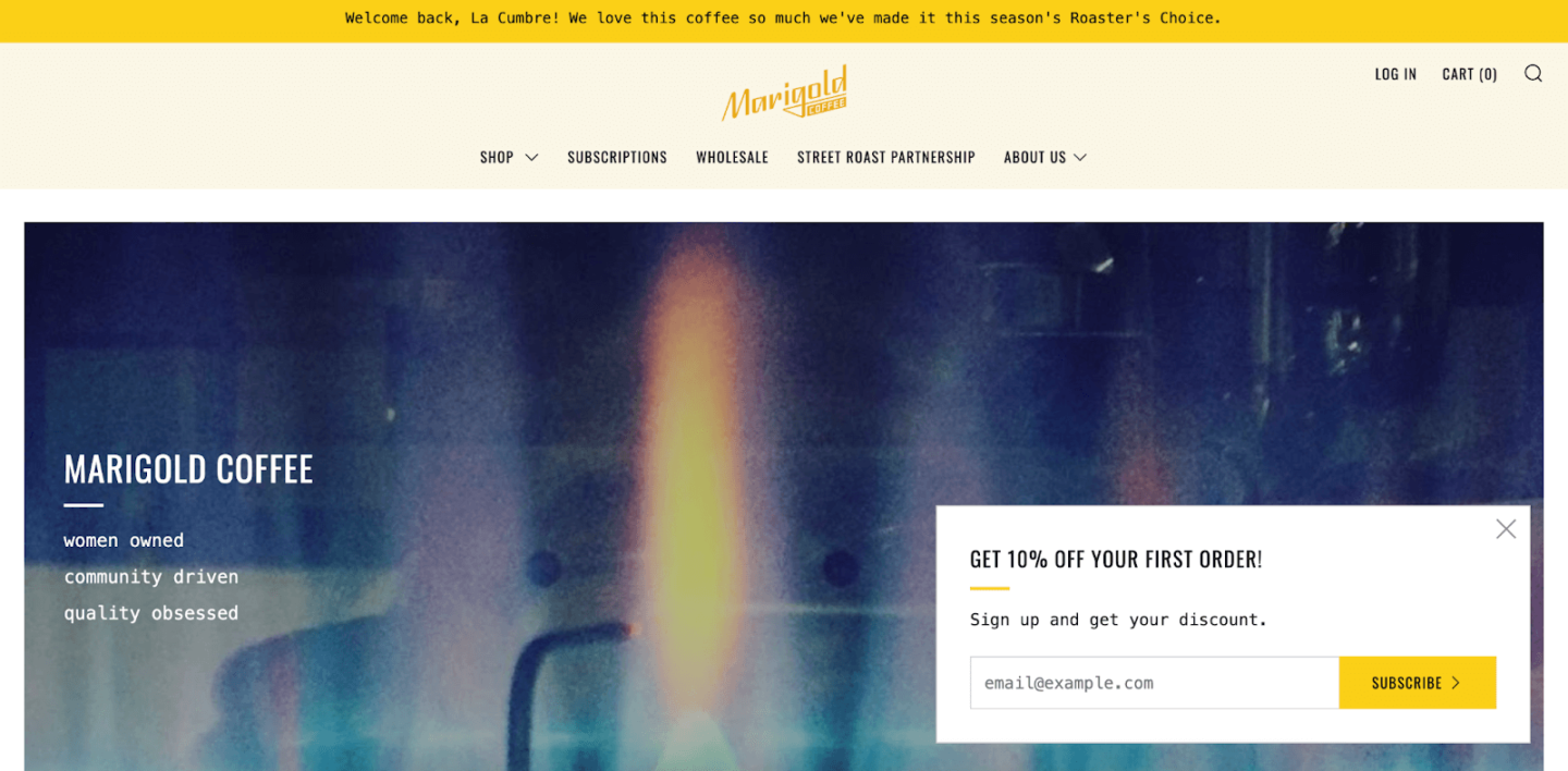 Email capture best practices: example from Marigold Coffee