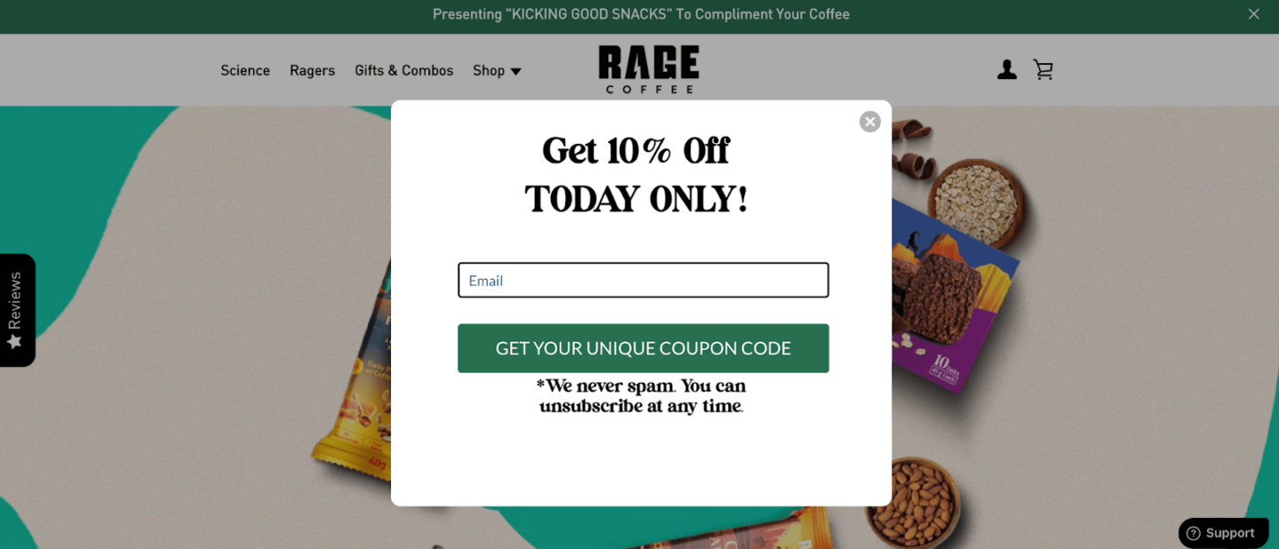 Email capture best practices: example from Rage Coffee
