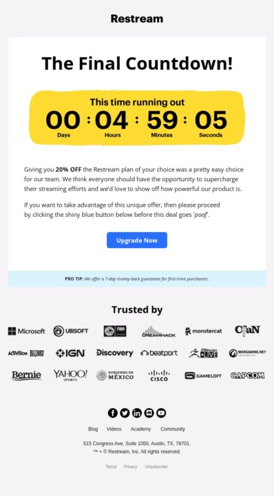 5 best countdown timer in email example from Restream