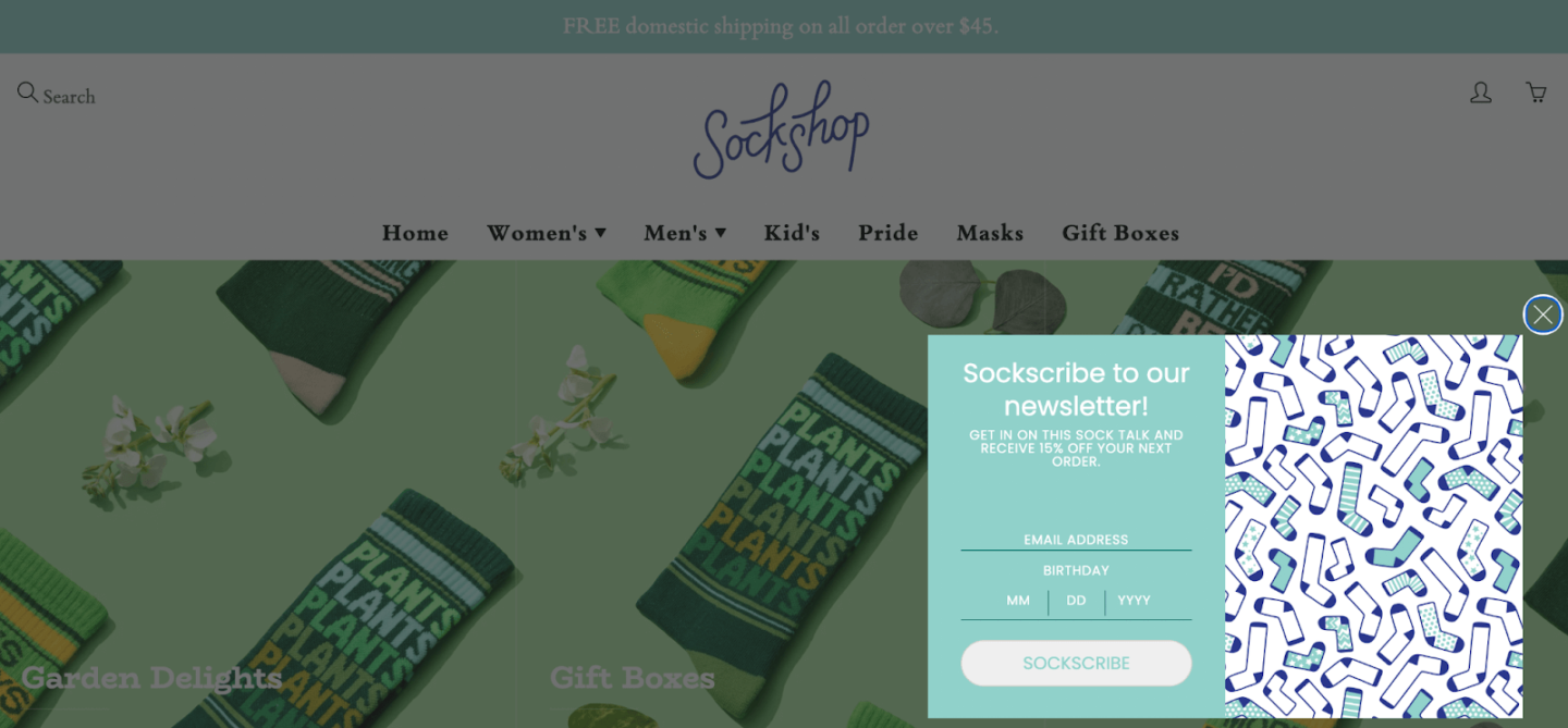 Email capture best practices: example from Sockshop