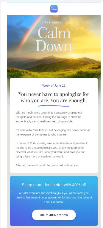 Types of email marketing campaigns: newsletter from calm