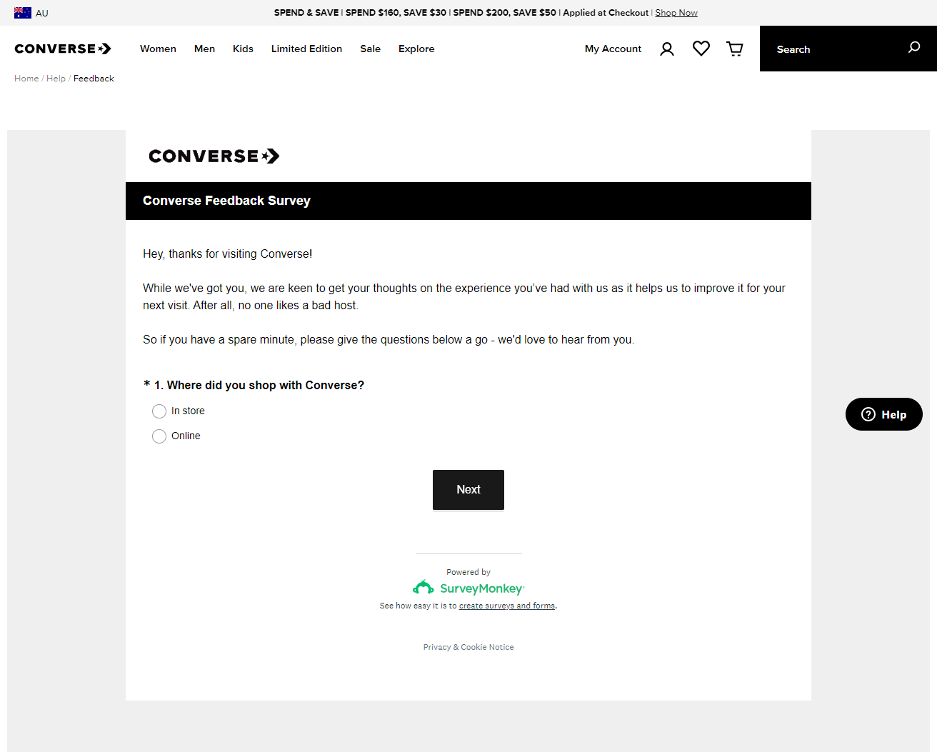 15 ways to improve conversion rate: collect visitor feedback example from Converse