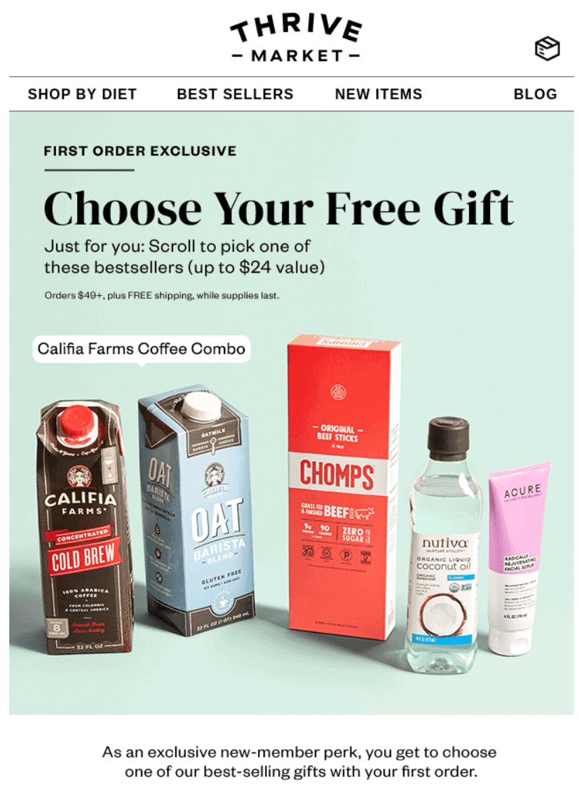 Sales promotion example: free gifts from Thrive Market