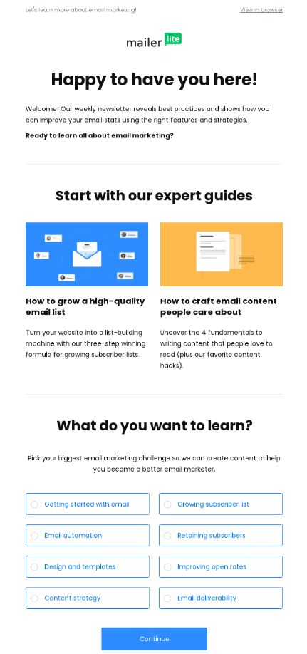 Types of email marketing campaigns: welcome email from mailerlite