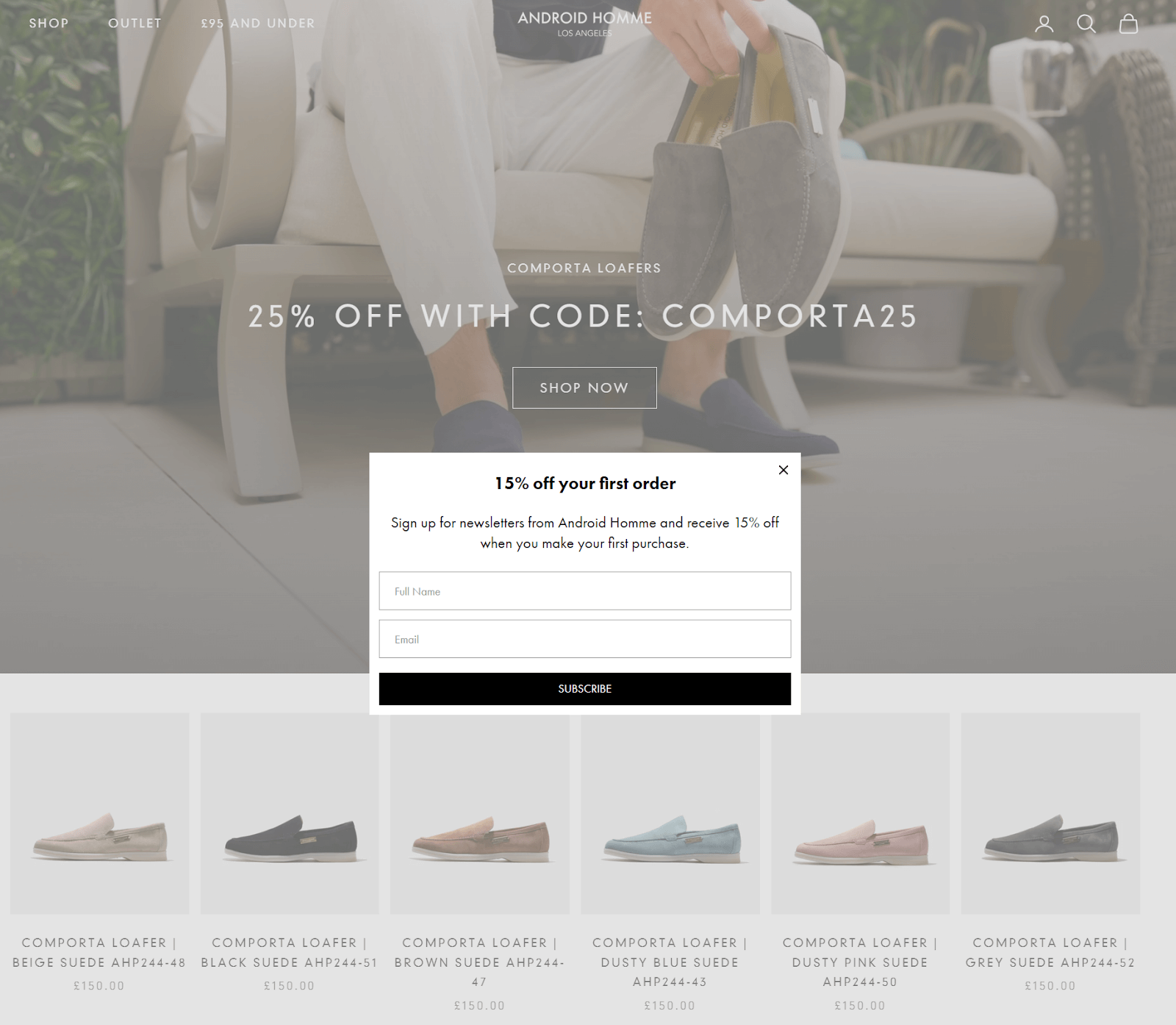 Sales promotion example: newsletter signup from Android homme