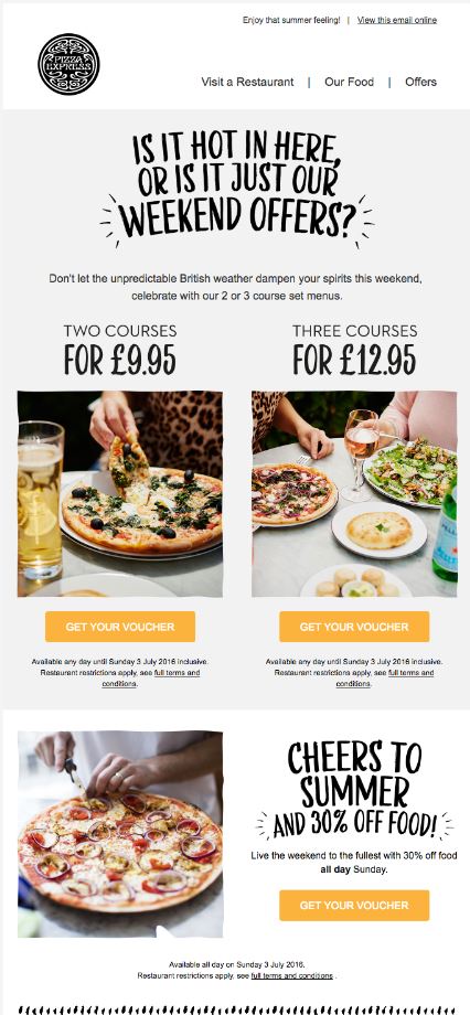 Restaurant email marketing: pizzaexpress email
